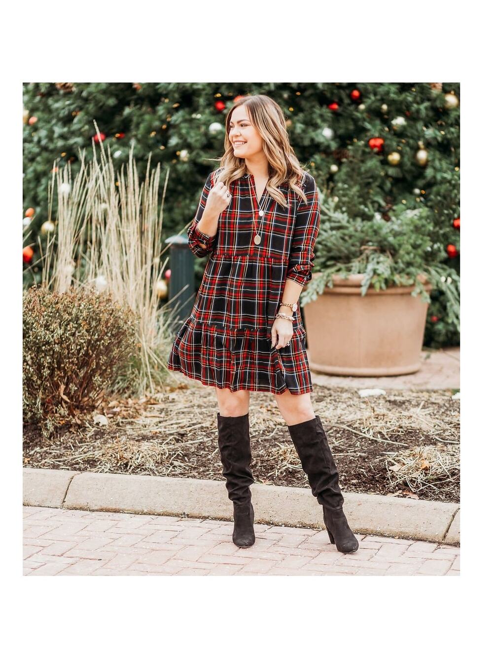 [LOFT] Plaid Split Neck Tiered Long Sleeve Flannel Mini Dress Relaxed Sz Large L